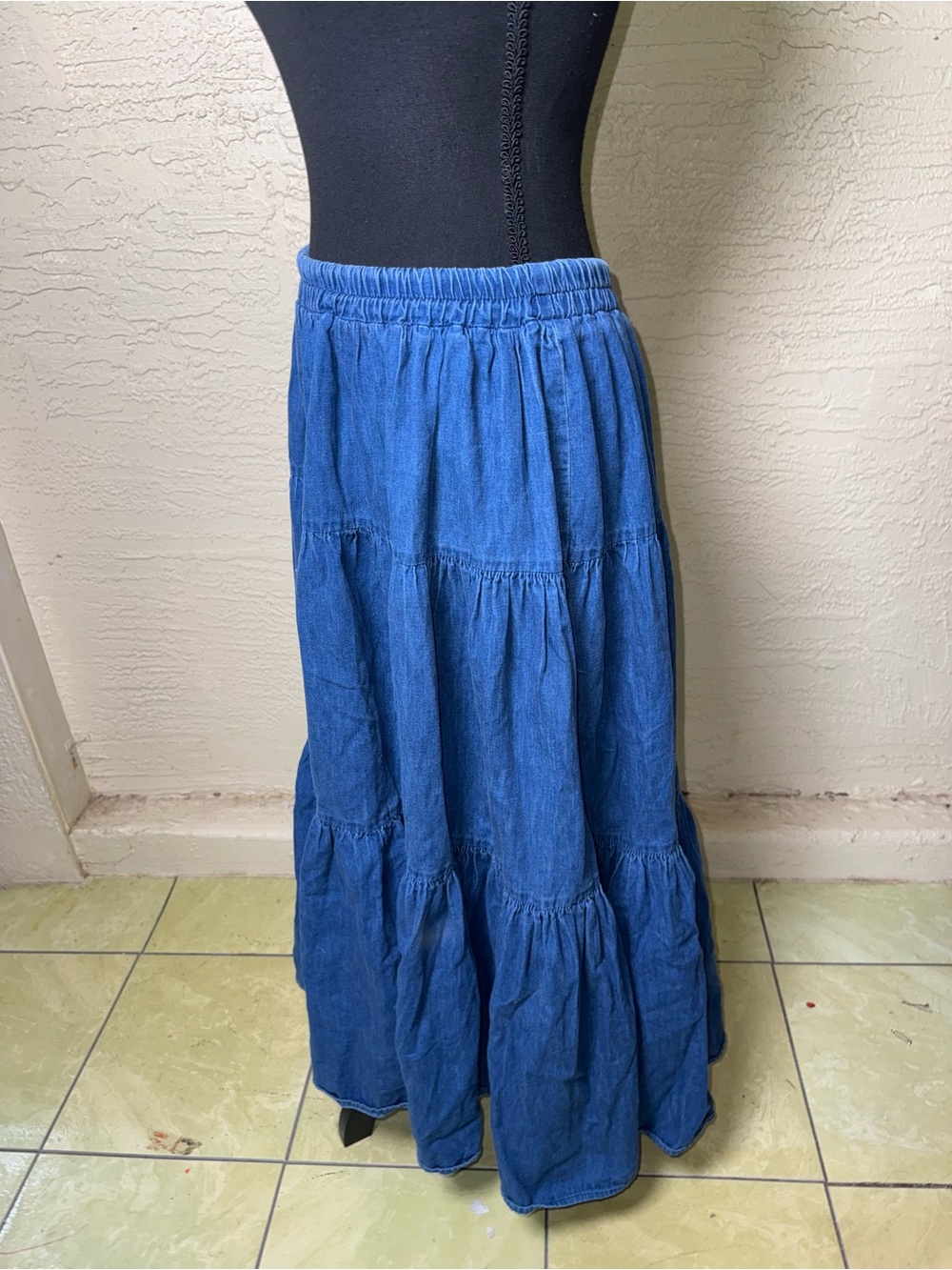 Vtg Glen Cove Chambray Tiered Maxi Skirt XL Cottagecore Boho Prairie - Picture 4 of 13